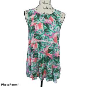 Charisma Baby Doll Tropical Print Sleeveless Top L